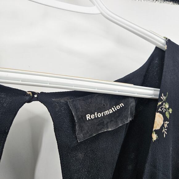 Reformation Dress Black Cream Floral Smocked Puff Sleeve Open Back Mini Size 8 - Picture 4 of 7